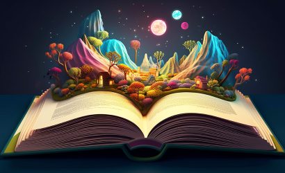 Illustration of a magical book that contains fantastic stories